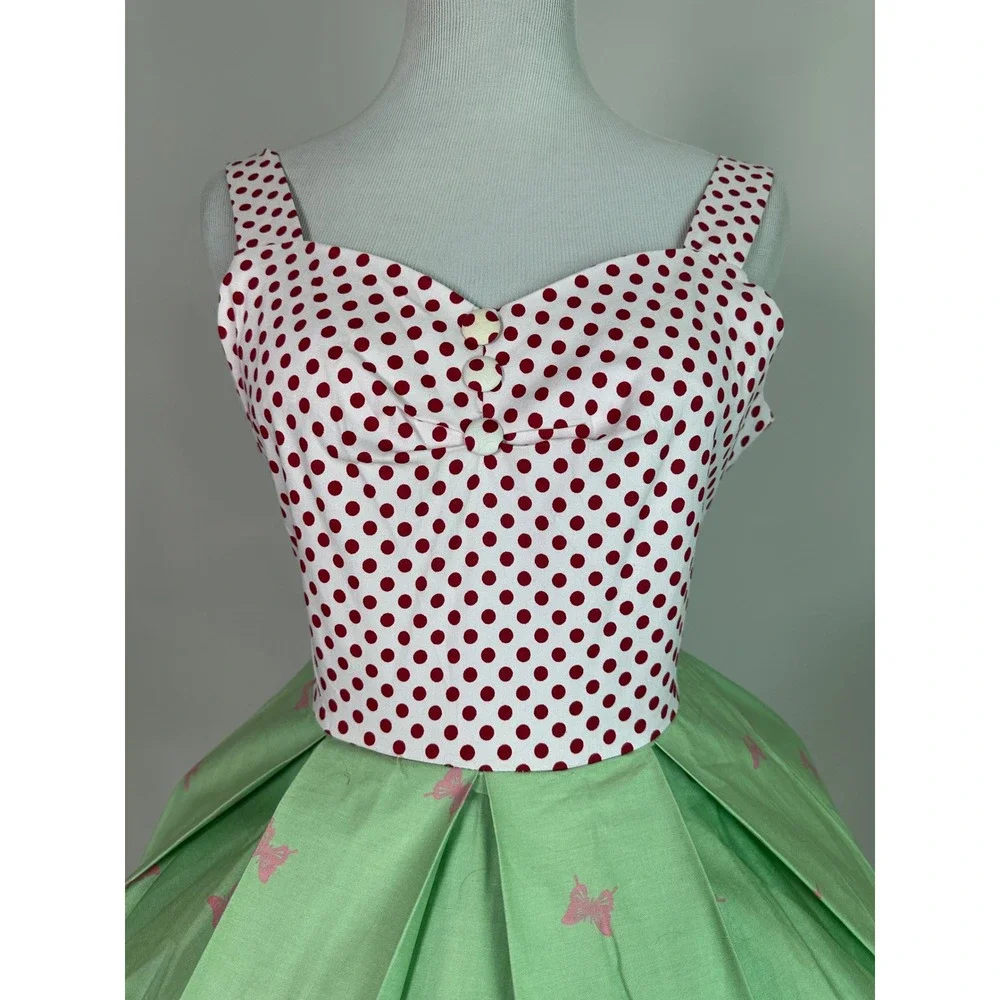 Retro 1950s Style Polka Dot Bicycle Print Swing Dress Green Red Small‎